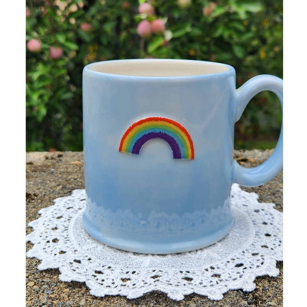 The Old Pottery Company Sky Blue Rainbow Mug with Lace Detail Ceramic Cup
